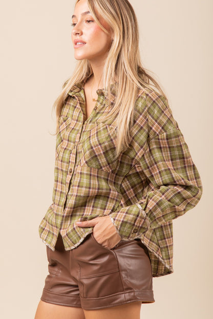 Cuff Detail Plaid Oversized Button Up Shirt