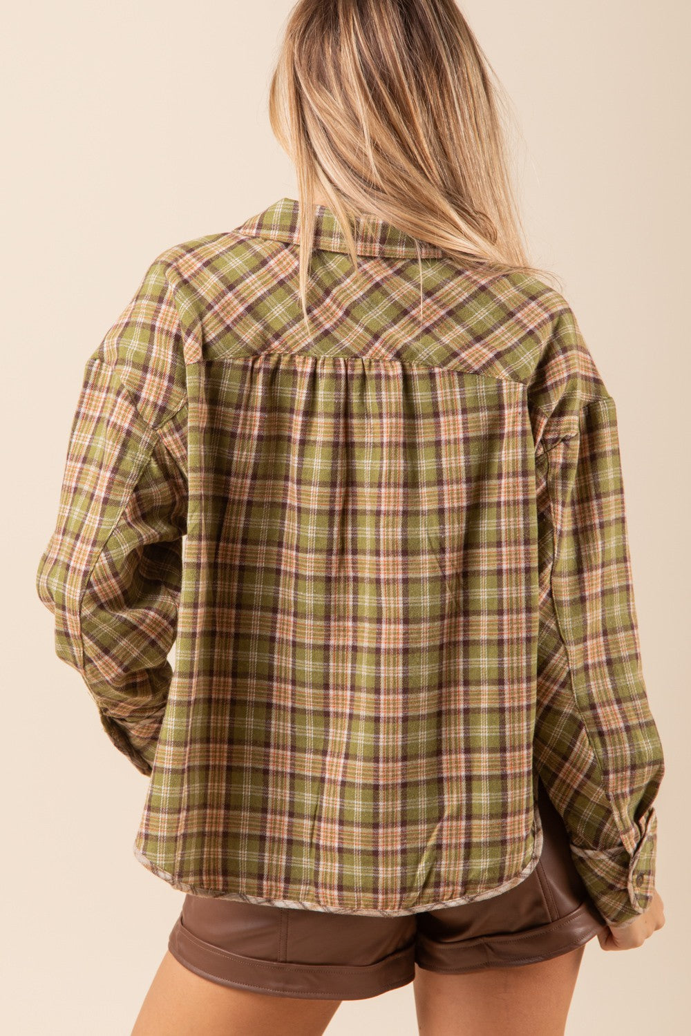 Cuff Detail Plaid Oversized Button Up Shirt