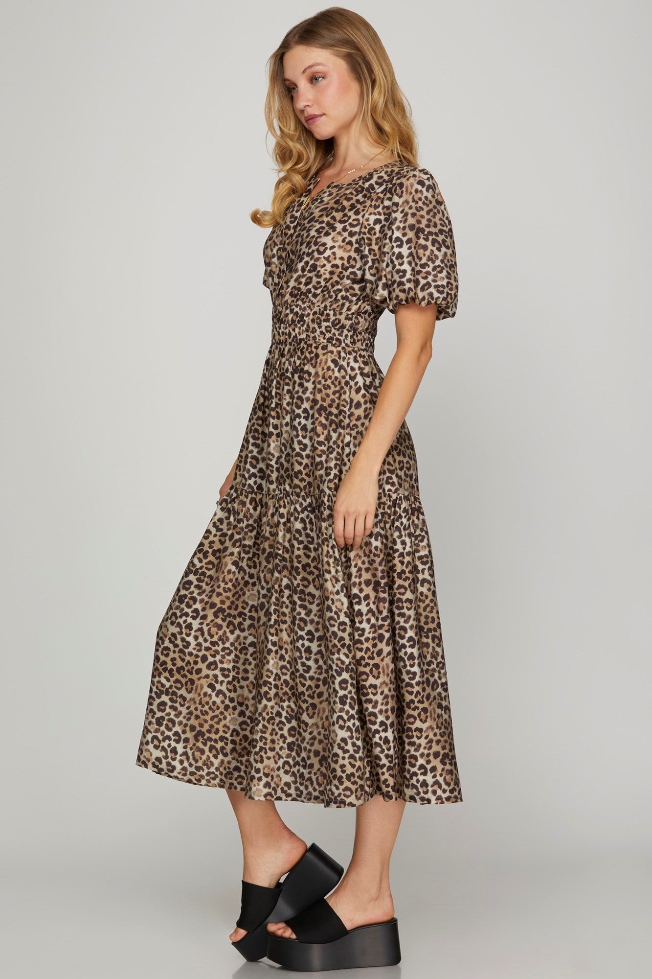 Woven Leopard Print Tiered Midi Dress