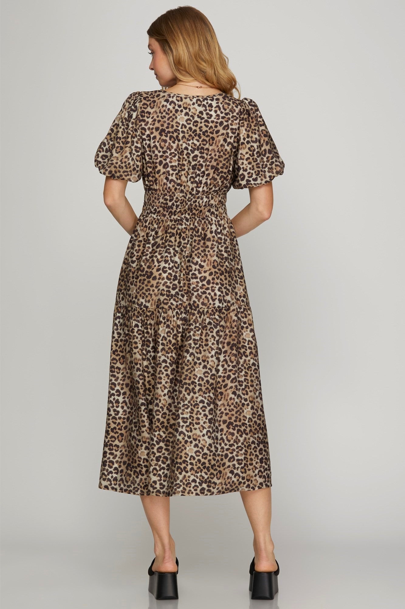 Woven Leopard Print Tiered Midi Dress