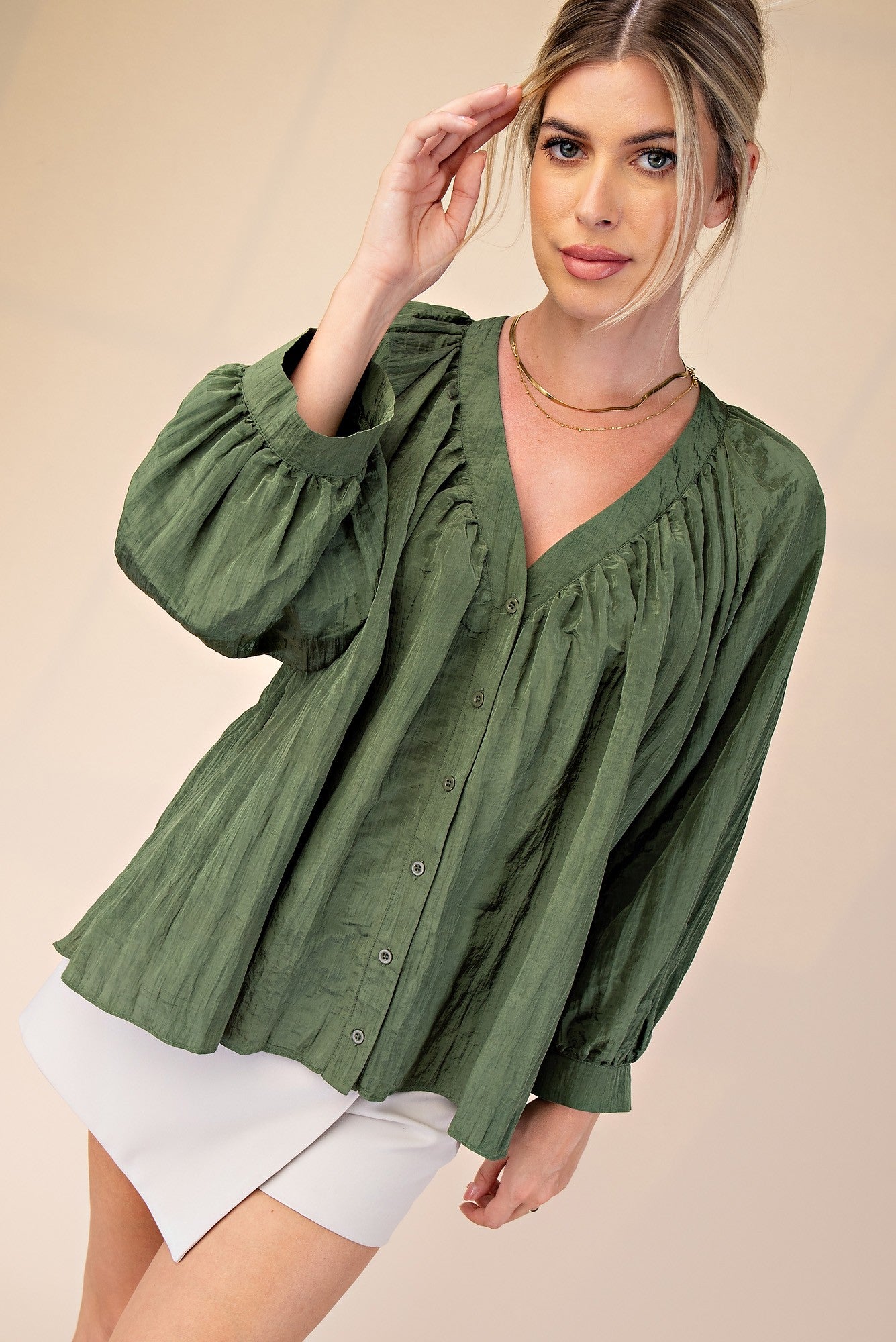 V-Neckline Balloon Sleeves Blouse