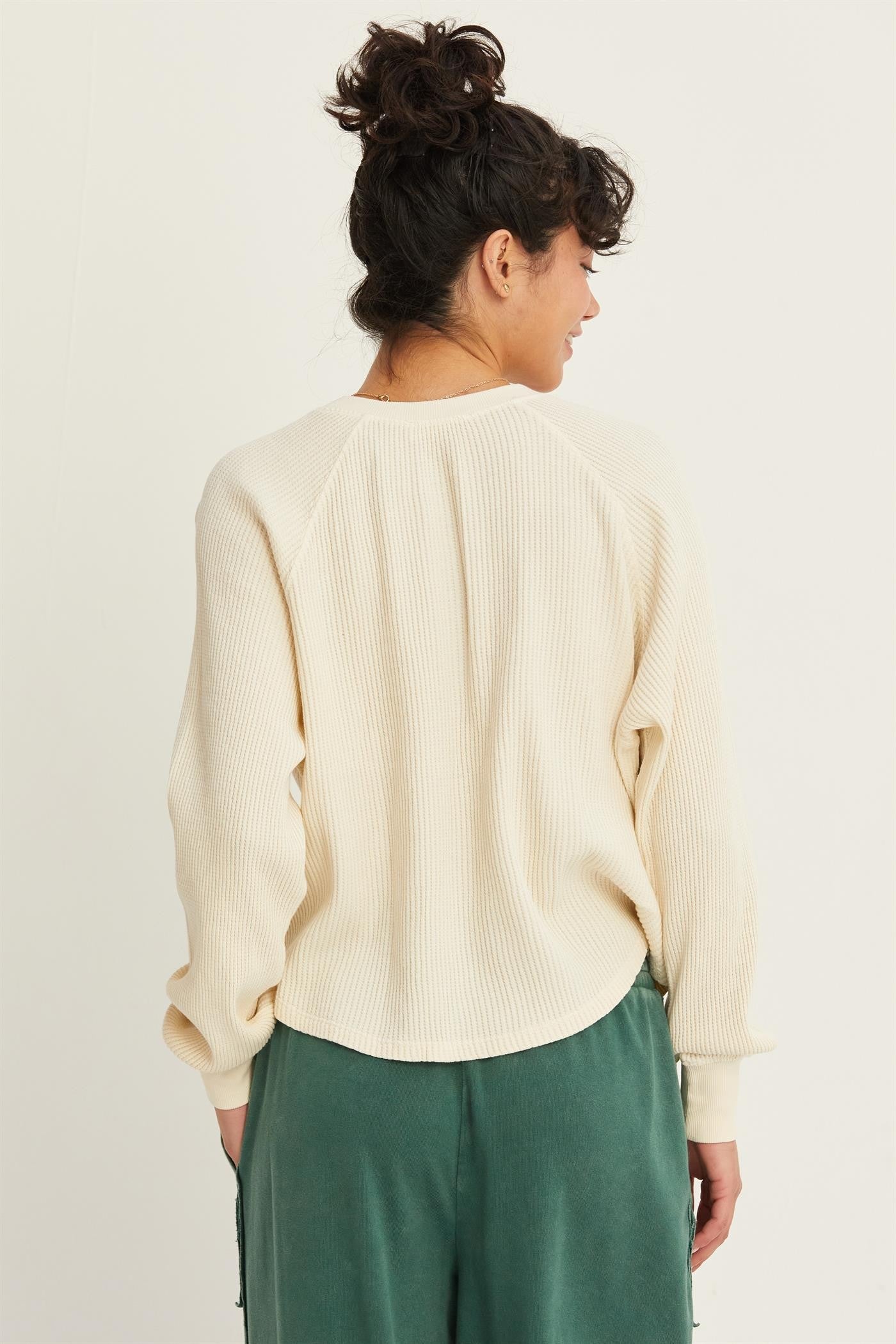 Henley Waffle Knit Raglan Sleeve Top