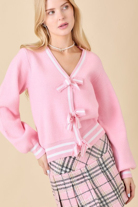 V-neck Cardigan With Ribbon Bow Detail