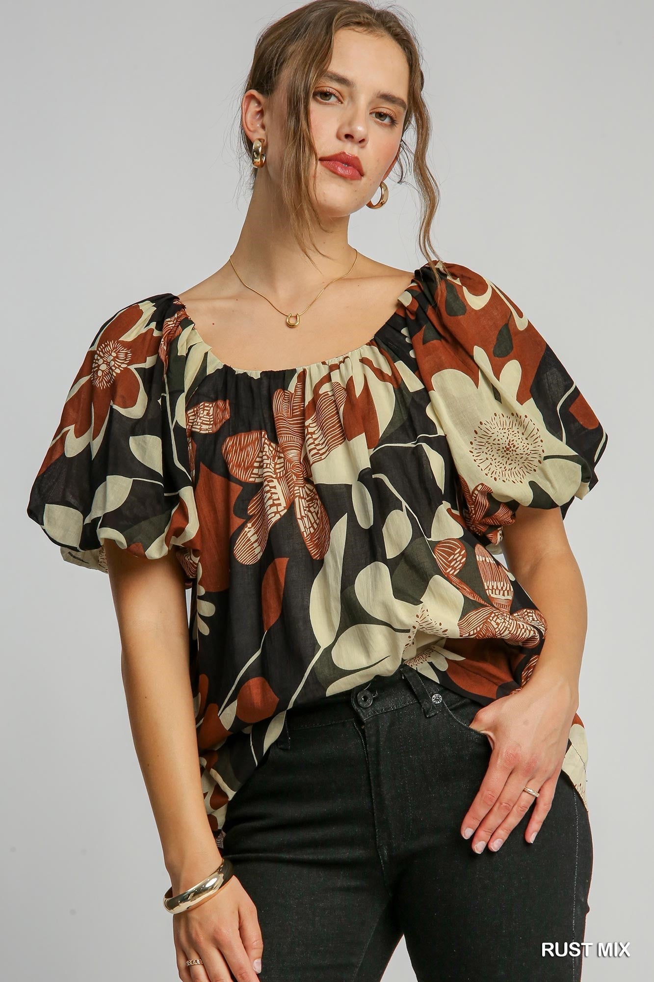 Rust Round Neck Print Top