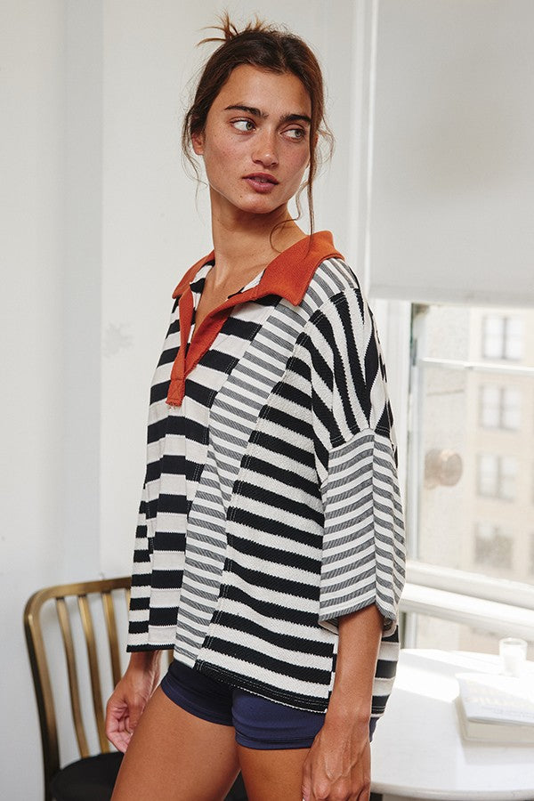 Stripe Contrast Patchwork Detail Polo Top