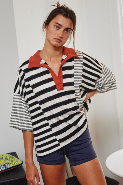 Stripe Contrast Patchwork Detail Polo Top