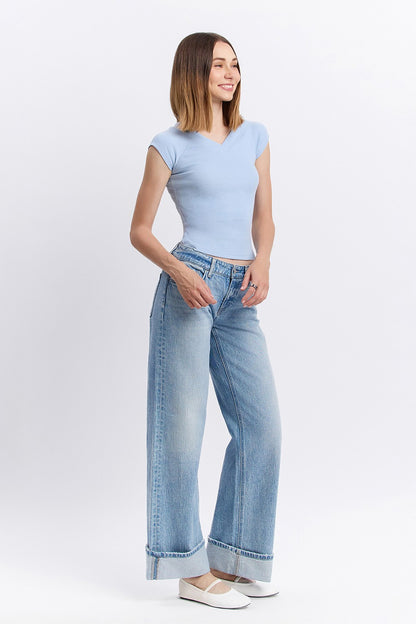 Low Rise Cuffed Baggy Wide Jeans